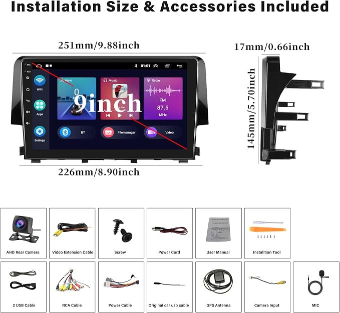 Android 13 Car Stereo Radio for Honda Civic 2016 2017 2018 2019 2020 with Wireless CarPlay Android Auto 1G+32G 9 Inch Touchscreen Bluetooth GPS Navigation WiFi HiFi FM Backup Camera MIC