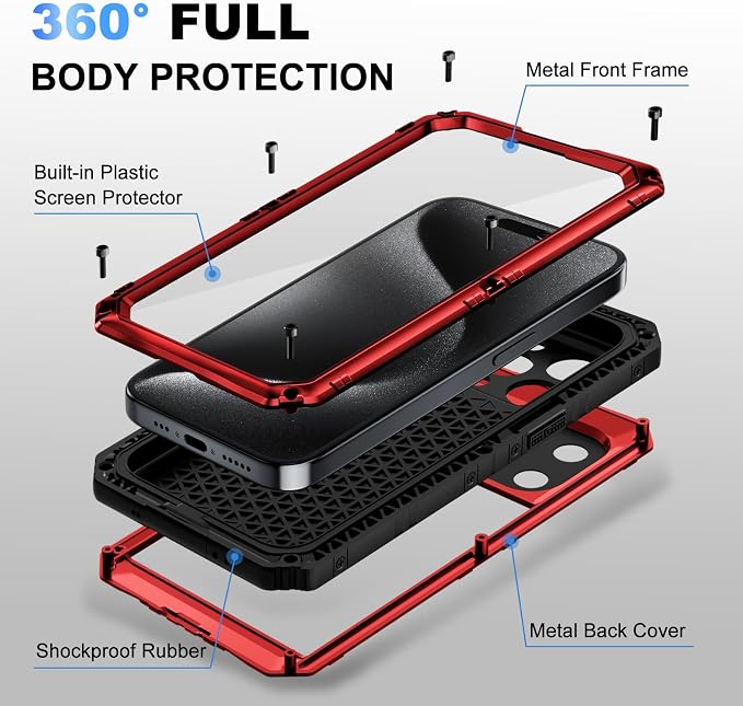 Beasyjoy for iPhone 15 Pro Case Waterproof, Metal Heavy Duty Full Body Protective Case with Built-in Screen Protector, Military Grade Shockproof Dustproof Defender Case for iPhone 15 Pro 6.1", Red