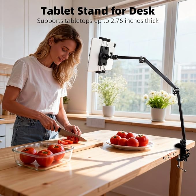 Tablet Stand Holder for Desk and Bed, Adjustable Aluminum Foldable Arm iPad Mount Clamp on Table Compatible with iPad Air Mini, Galaxy Tabs, 4.7-12.9" Tablets and Phones