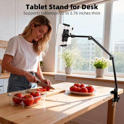 Tablet Stand Holder for Desk and Bed, Adjustable Aluminum Foldable Arm iPad Mount Clamp on Table Compatible with iPad Air Mini, Galaxy Tabs, 4.7-12.9" Tablets and Phones