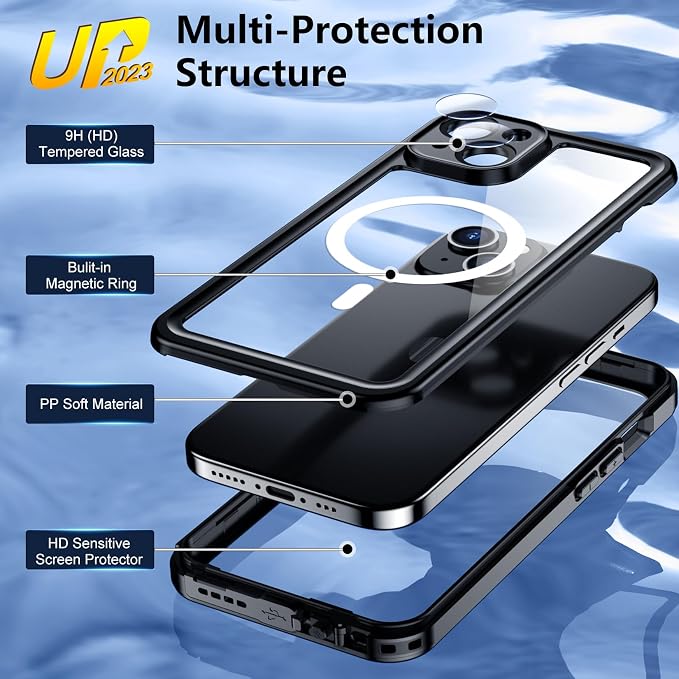 Temdan Magnetic for iPhone 15 Plus Case Waterproof,Built-in Screen Protector [IP68 Underwater][15FT Military Dropproof][Dustproof][Compatible with MagSafe] 360 Full-Body Shockproof iPhone Case-Black