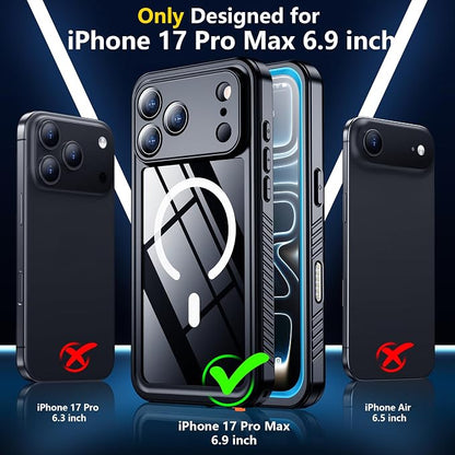 SPIDERCASE Magnetic for iPhone 17 Pro Max Case Waterproof, Built-in Screen & Camera Lens Protector[IP68 Underwater] [Military Grade Shockproof] Full Body Protection Phone Case, Blue/Clear