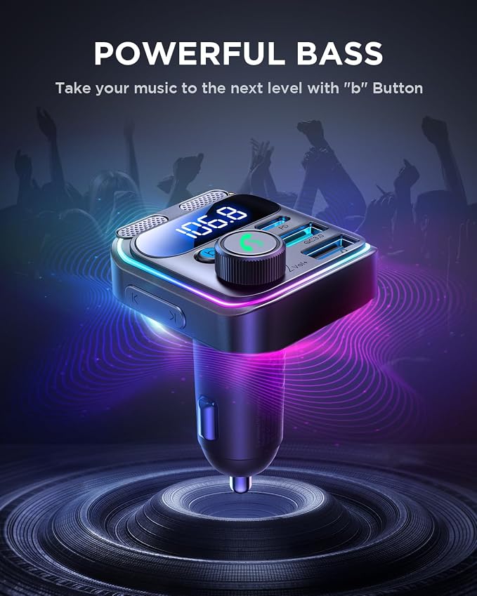 JOYROOM Bluetooth 5.4 Car Adapter FM Transmitter 81W Bluetooth Cigarette Lighter Adapter [PD45W&QC36W] Fast Charging Dual Mics HiFi Bass LED Display Wireless Radio Hands-Free Calling Support USB Drive