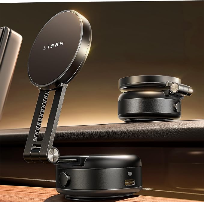LISEN Electric Suction Cup Phone Mount, Vacuum Electric Suction Cup Phone Mount, for MagSafe Magnetic Suction Mount for iPhone 16/15/14/13/12,Black Kits