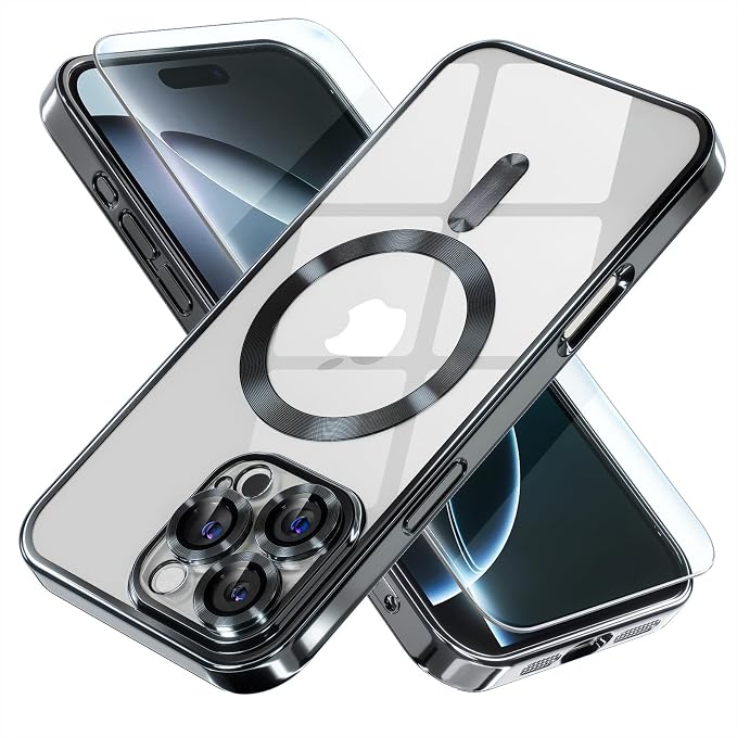 Misea Magnetic for iPhone 16 Pro Max Case Compatible with MagSafe [Never Yellowing] [Military Grade Drop Protection] Full Camera Lens Protector Plating Soft Clear Phone Case for Women 6.9", Black