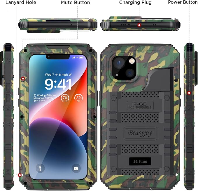 Beasyjoy for iPhone 14 Plus Case, IP68 Waterproof Metal Heavy Duty Defender Case with Built-in Screen Protector, Military Grade Full Body Protective Defender Shockproof Rugged Cover 6.7 Inch, Camo