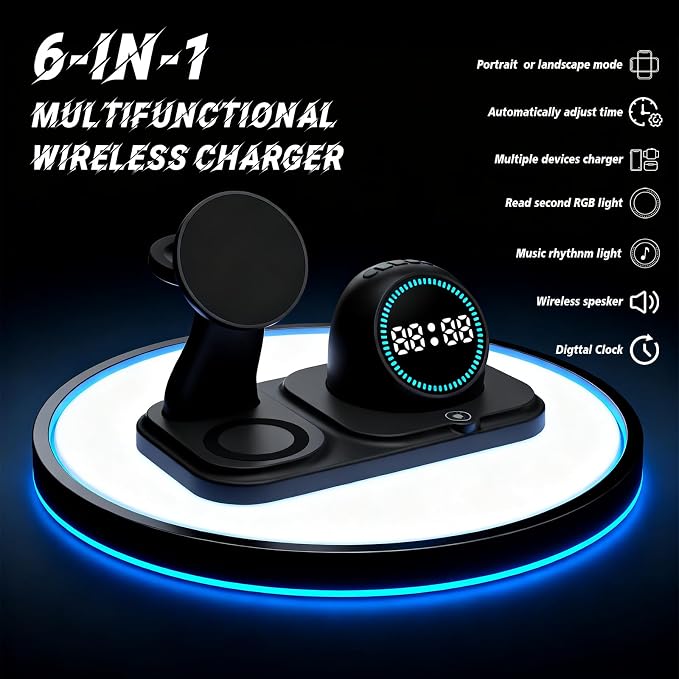 Wireless Charging Station with Clock,6-in-1 Charging Stand for Multiple Devices for iPhone 17 16 15 14 13 12 Pro Max, Apple Watch, Airpods, Bluetooth Speaker + RGB Light