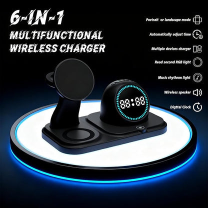 Wireless Charging Station with Clock,6-in-1 Charging Stand for Multiple Devices for iPhone 17 16 15 14 13 12 Pro Max, Apple Watch, Airpods, Bluetooth Speaker + RGB Light