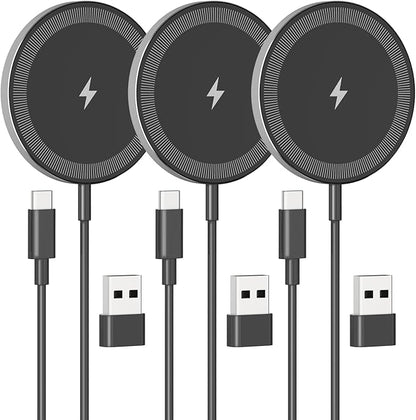 3Pack Magnetic Wireless Charging Pad: 15W Fast Qi Wireless Charger for iPhone 17 16e 16 15 14 13 12 Series & AirPods 4 3 2 Pro 3 - Strong Magnet Dual Ports Slim Portable for Travel Home Office