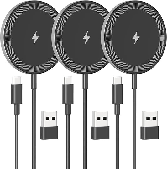 3Pack Magnetic Wireless Charging Pad: 15W Fast Qi Wireless Charger for iPhone 17 16e 16 15 14 13 12 Series & AirPods 4 3 2 Pro 3 - Strong Magnet Dual Ports Slim Portable for Travel Home Office
