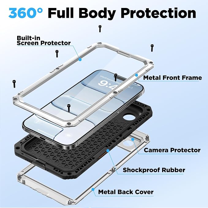 Beasyjoy for iPhone Air Case Waterproof, Heavy Duty Metal Full Body Protection, Built-in Screen Protector, Military Grade Shockproof Rugged Hard Phone Cover for iPhone 17 Air 6.5", Silver