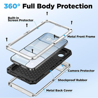 Beasyjoy for iPhone Air Case Waterproof, Heavy Duty Metal Full Body Protection, Built-in Screen Protector, Military Grade Shockproof Rugged Hard Phone Cover for iPhone 17 Air 6.5", Silver