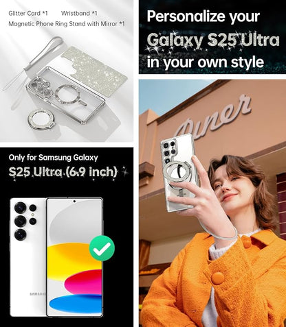 Meifigno Magnetic Case with Removable Phone Ring Stand for Samsung Galaxy S25 Ultra, [Glitter Card & Wrist Strap] [MagSafe Compatible] [Built in Mirror] Phone Ring Stand + Phone Case Kit, Silver