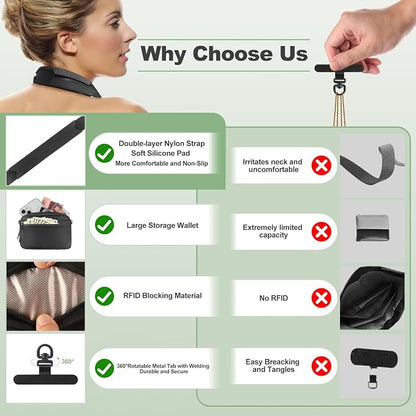 YFWE Clip and Go Strap for Phone with Wallet Crossbody, Adjustable Phone Lanyard with Detachable RFID Wristlet Wallet, Universal Phone Strap with 360° Rotatable Phone Tabs for All Phones (Black)