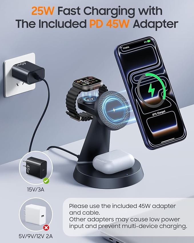 25W Fast Charging Station for MagSafe Charger for iPhone 17/16/S26 Ultra/Pixel 10, 3 in 1 Magnetic Wireless Charger with 45W Adapter Only for iWatch & Earbuds, Charger Stand Dock with Heat Dissipation