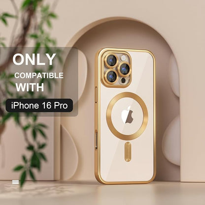 Misea Magnetic for iPhone 16 Pro Case Compatible with MagSafe [Never Yellowing] [Military Grade Drop Protection] Full Camera Lens Protector Plating Soft Clear Phone Case for Women 6.3", Gold