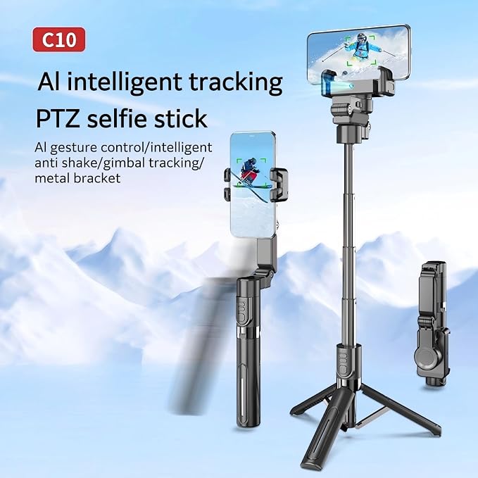 AI Tracking Gimbal Stabilizer for SmartiPhone - 360° Auto Face Follow, Bluetooth Remote, Anti-Shake Tripod for Vlogging/Live Stream, Metal Bracket with Gesture Control