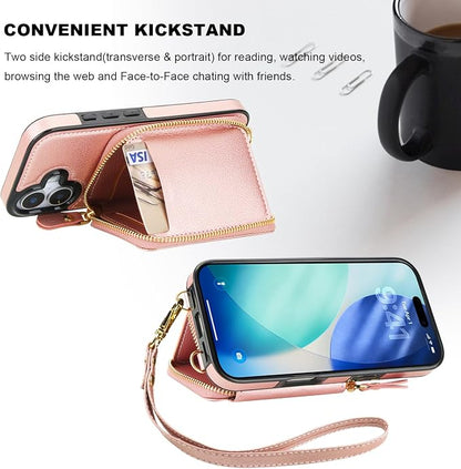 Bocasal RFID Blocking Wallet Case for iPhone 17, Adjustable Crossbody Zipper Purse Case Card Holder with Kickstand Detachable Wrist Strap, PU Leather Flip Folio Case 6.3 Inch 5G (Rose Gold)
