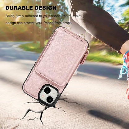 Bocasal RFID Blocking Wallet Case for iPhone 15, Adjustable Crossbody Zipper Purse Case Card Holder with Kickstand Detachable Wrist Strap, PU Leather Flip Folio Case 6.1 Inch 5G (Rose Gold)