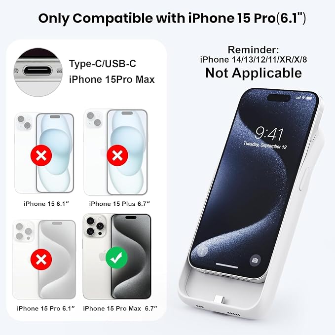 Battery Case for iPhone 15 Pro Max,Powerful 8600mah Ultra-Slim Protective Charging Case,15W Fast Charging Portable Rechargeable Expandable Battery Charger Cover for iPhone 15 Pro Max(6.7inch)-White