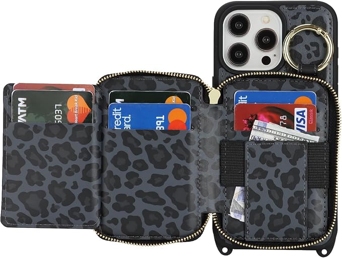 Crossbody Wallet Case for iPhone 14 Pro Max, PU Leather Zipper Handbag Purse Flip Cover, Kickstand Folio Case with Card Slots Holder Wrist Strap Lanyard 5G 6.7 Inch-Black Leopard