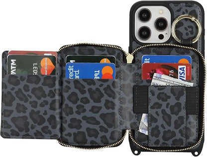 Crossbody Wallet Case for iPhone 14 Pro Max, PU Leather Zipper Handbag Purse Flip Cover, Kickstand Folio Case with Card Slots Holder Wrist Strap Lanyard 5G 6.7 Inch-Black Leopard