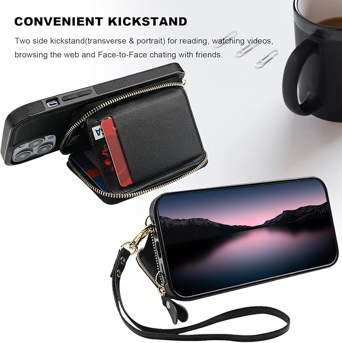 Bocasal RFID Blocking Wallet Pu Leather Flip Folio Case for iPhone 14 Pro Max, 6.7 Inch 5G Crossbody Zipper Purse Case, Card Holder With Kickstand & Detachable Wrist Strap (Black)