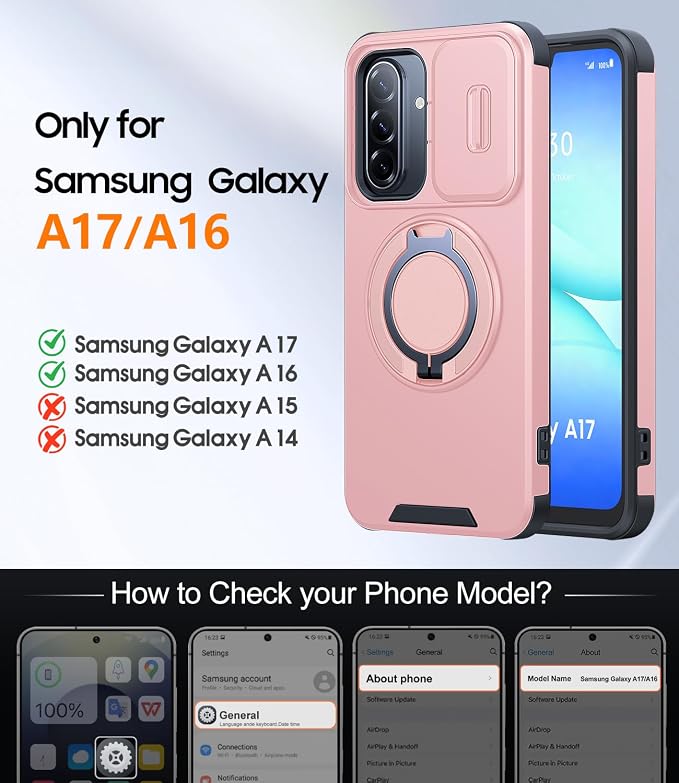 JAME for Samsung Galaxy A17/A16 5G Case, Ring Holder Stand, Slide Camera Cover, 2 Pack Screen Protectors, Dual-Layer Shockproof Protective, Magnetic Accessory Friendly Galaxy A16/A17 4G Case, Pink