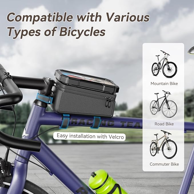 KDD Bike Front Frame Bag with Waterproof Phone Holder, Mountain Cycling Storage Pouch, Handlebar Bag with Phone Mount, Bicycle Accessories for Top Tube, Fit for iPhone 17 Pro Max, Cellphone Under 7''