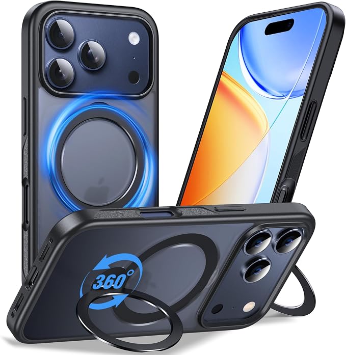 Anqrp 360° All-in-ONE Stand Case for iPhone 17 Pro Max Case with Rotatable Magnetic Kickstand Ring Holder, Compatible with Mag-Safe, MIL-Grade Shockproof iPhone 17 Pro Max Cover 6.9", Black