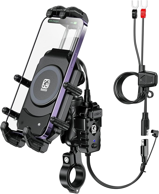 BRCOVAN Motorcycle Phone Mount Holder with Qi 15W Wireless Charger & 30W PD/USB-C Fast Charging Port, Anti-Theft Handlebar Cellphone Cradle with Vibration Dampener, Adjustable for 5.4-7.2'' Smartphone