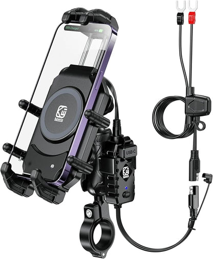 BRCOVAN Motorcycle Phone Mount Holder with Qi 15W Wireless Charger & 30W PD/USB-C Fast Charging Port, Anti-Theft Handlebar Cellphone Cradle with Vibration Dampener, Adjustable for 5.4-7.2'' Smartphone