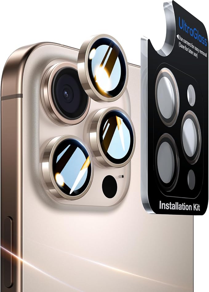 UltraGlass for iPhone 16 Pro Max/16 Pro Camera Lens Protector [NO.1 Military Grade Shatterproof] iPhone 16 Pro Max Camera Protector, 16 Pro Lens Cover [Longest Durable] Easy Install, Desert Titanium