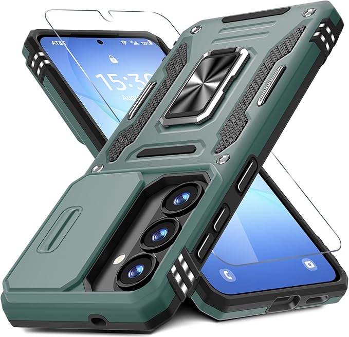 DEERLAMN Case for Samsung Galaxy S26 6.3-Inch with Slide Camera Cover+Screen Protector(1 Pack), Rotated Ring Kickstand Military Grade Shockproof Protective Cover-Green