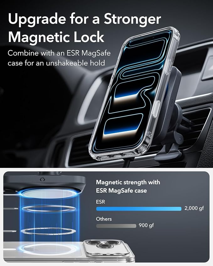 ESR for 15W MagSafe Car Mount Charger with CryoBoost, Made for Apple-Certified, for MagSafe Car Mount, Magnetic Wireless Car Charger for iPhone 17e/17-12, S26/S25, Fast Charging, Phone-Cooling Charger