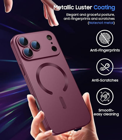Magnetic for iPhone 17 Pro Max Case, Compatible with MagSafe, Built-in Camera Lens Protector, Slim Thin Soft Silicone Bumper Shockproof Metallic Luster Phone Case, Burgundy Red