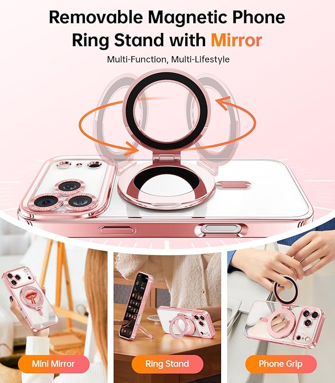 Meifigno Magnetic Case Designed for iPhone 17 Pro Max with Removable Phone Ring Stand, Glitter Card & Wrist Strap, Compatible with MagSafe, Built in Mirror, Phone Ring Holder + Case Kit, Rose Gold