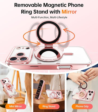 Meifigno Designed for iPhone 17 Pro Magnetic Case with Removable Phone Ring Stand, [Glitter Card & Wrist Strap] [MagSafe Compatible] [Built-in Mirror] Phone Ring Stand + Phone Case Kit, Rose Gold