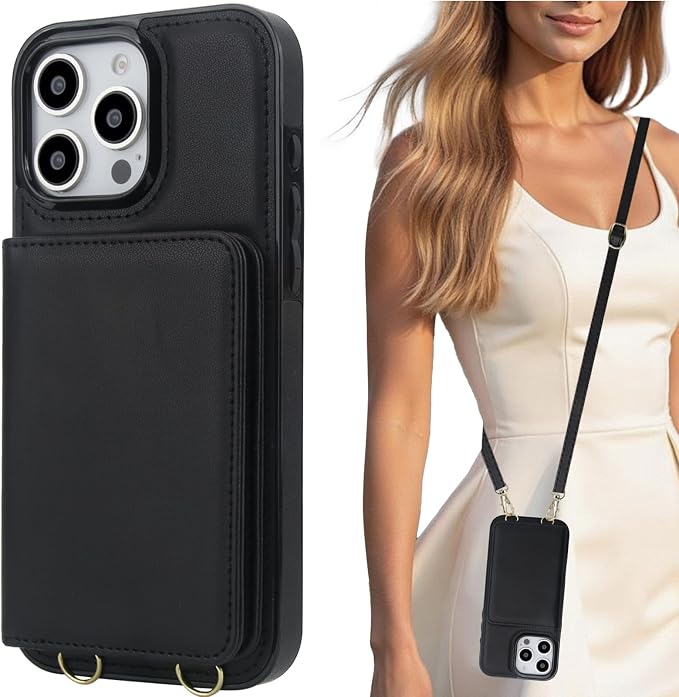 LOHASIC for iPhone 16 Pro Max Case Wallet with Detachable Crossbody Strap & Wrist Lanyard, RFID Blocking, 4 Card Slots 2 Cash Pockets, Vegan Leather Case with Card Holder for Women Girls, Black