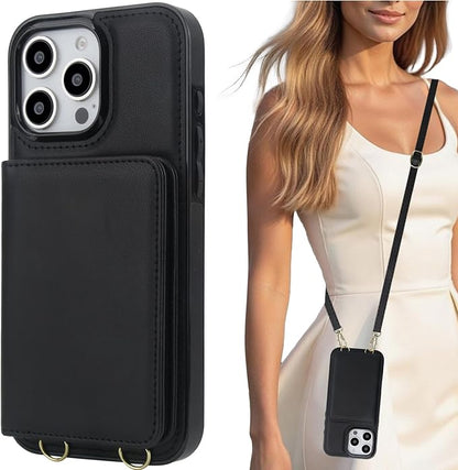 LOHASIC for iPhone 16 Pro Max Case Wallet with Detachable Crossbody Strap & Wrist Lanyard, RFID Blocking, 4 Card Slots 2 Cash Pockets, Vegan Leather Case with Card Holder for Women Girls, Black