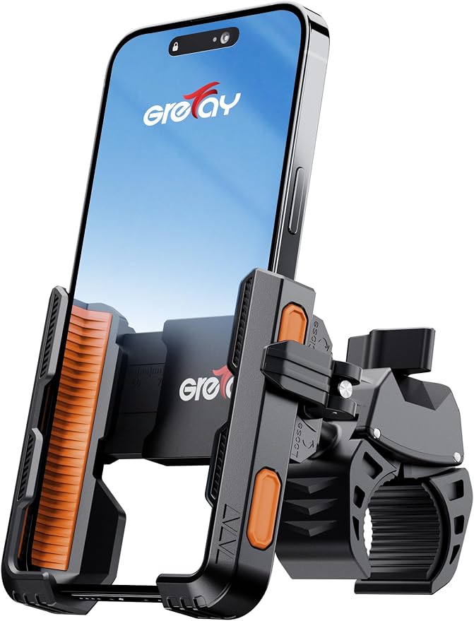 Bike Phone Mount for Electric, Mountain, Scooter, and Dirt Bikes [Camera Friendly] [1s Lock] Universal 360° Bicycle Handlebar Holder for iPhone 15/14/13 Samsung S23/S22 4.5-7" Smartphone (Orange)