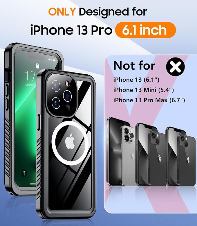 Temdan Magnetic for iPhone 13 Pro Case Waterproof,Built-in Screen Protector[IP68 Underwater][Upgrade Military Dropproof][Compatible with MagSafe] Full Body Shockproof for Phone Case 6.1'' Black