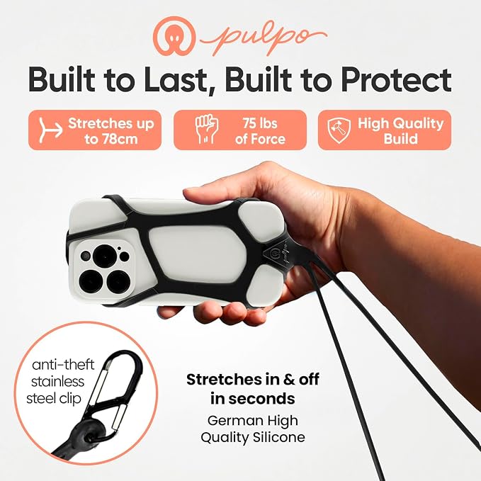 Pulpo Safety Cell Phone Lanyard Black Fits Smartphones 6.1" to 6.8” - Anti Theft Phone Strap for Men & Women, Lanyards for Phones, Hiking Phone Holder & Cellphone Lanyard, Silicone Crossbody Straps