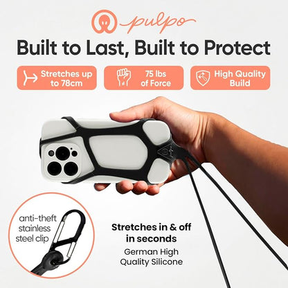 Pulpo Safety Cell Phone Lanyard Black Fits Smartphones 6.1" to 6.8” - Anti Theft Phone Strap for Men & Women, Lanyards for Phones, Hiking Phone Holder & Cellphone Lanyard, Silicone Crossbody Straps