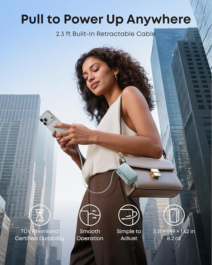 Anker Nano Portable Charger, 45W 10000mAh with 2.3 ft Retractable Cable, Compact Power Bank, Travel Essential Phone Battery Pack for iPhone 17/16 Series, iPad, Galaxy, Pixel, and More