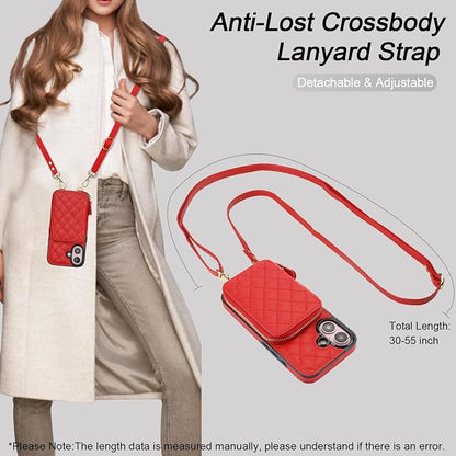 Bocasal Crossbody Wallet Case for iPhone 16, RFID Blocking PU Leather Zipper Handbag Purse Flip Cover, Kickstand Folio Case with Card Slots Holder Wrist Strap Lanyard 5G 6.1 Inch (Red)