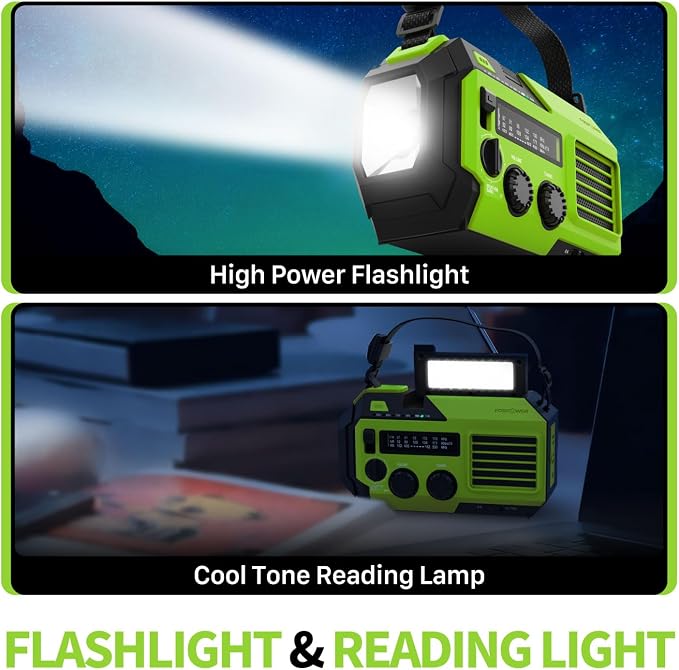 FosPower NOAA Emergency Weather Radio A6 19240mWh Portable Power Bank, AM/FM, USB/Solar/Hand Crank Charging, Battery Operated, SOS Alarm & Flashlight for Indoor/Outdoor Emergency - Green