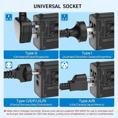 Universal Travel Adapter 30W, 4-Port Power Adapter with 2 USB-C, 1 USB-A | All-in-One Plug Adpater, Works in 200+ Countries, Not a Voltage Converter, Travel Essentials.