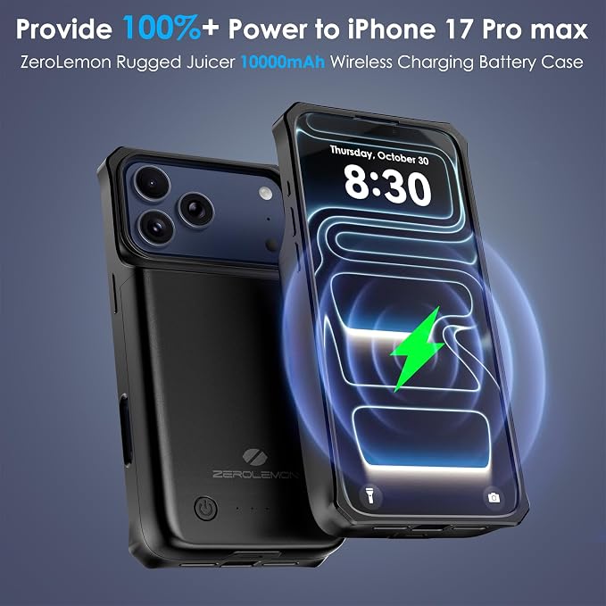 ZEROLEMON Case for iPhone 17 Pro Max, Wireless Power | Data Sync | 2-Devices Charging Supported| ZeroShock Full-Edge Protection Portable Power Station for iPhone 17 Pro Max Black