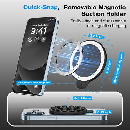 Magnetic Suction Cup Phone Mount with MagSafe, Silicone Hands-Free Grip Holder for iPhone Case and Android, Mirror Shower Phone Stand for Makeup FaceTime Gym Kitchen Bathroom, Black
